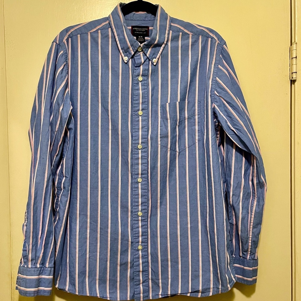 American Eagle Outfitters AEO Mens Blue Striped Button Up Shirt Size Medium